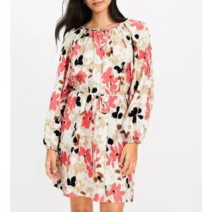 LOFT Gardenia Button Long Sleeve Floral Tie Waist Mini Dress Cream Pink XL